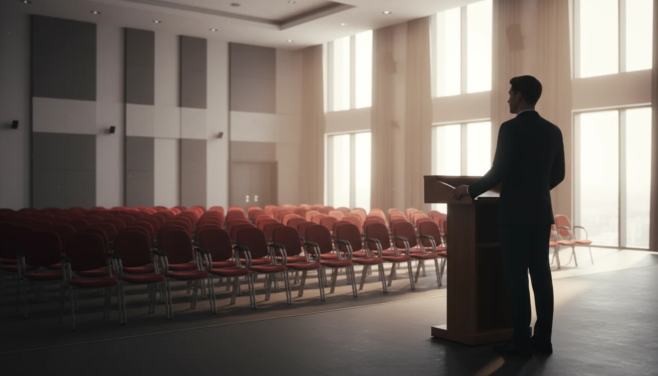 A person standing behind a podium in an empty room rehearsing before an event