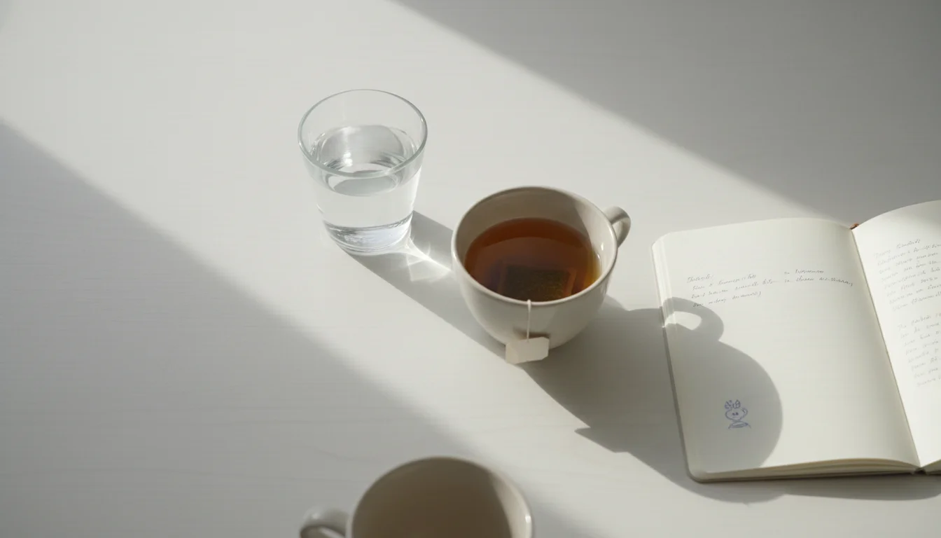 A table with water and herbal tea prepared for event day with coffee pushed aside