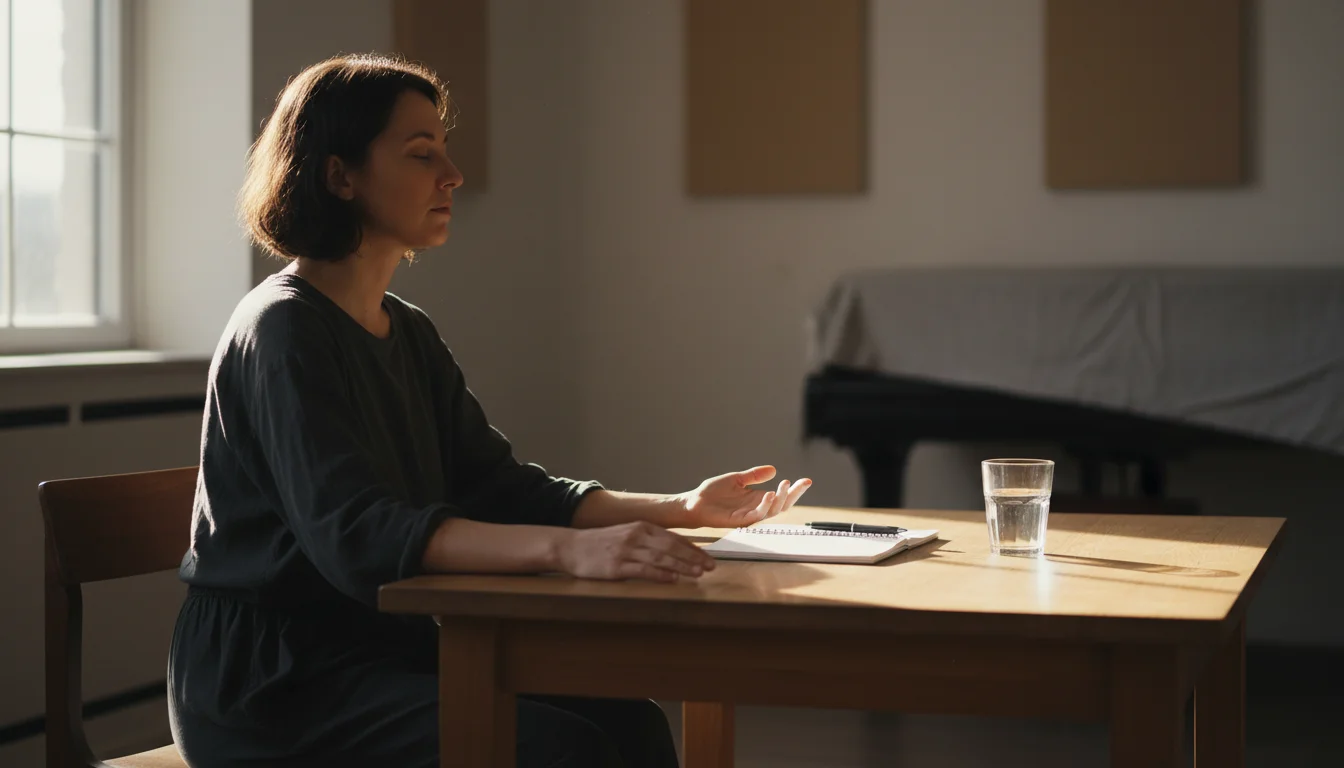 Person sitting at a rehearsal room table with eyes closed in focused mental preparation