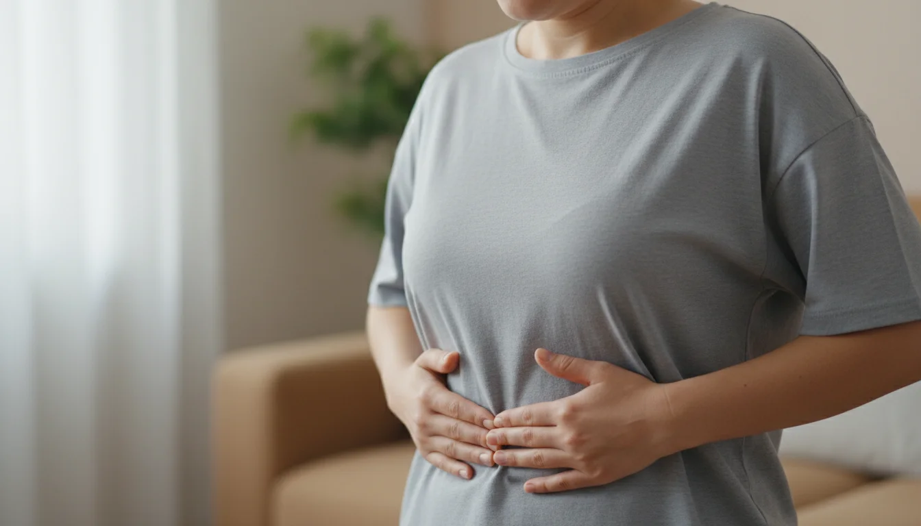 Person practicing deep belly breathing with one hand on abdomen and one on chest
