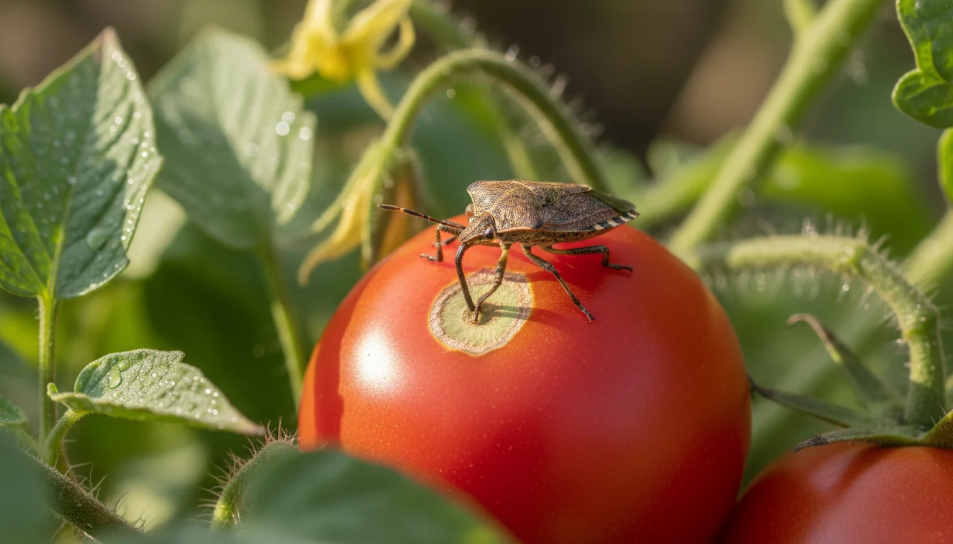 Stink bug feeding on a tomato showing the characteristic dimpled feeding damage