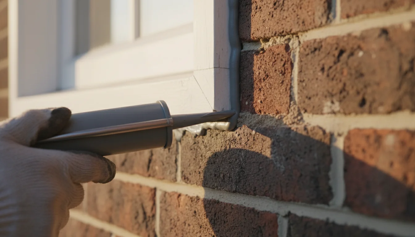 Person applying exterior caulk to seal the gap between a window frame and brick siding