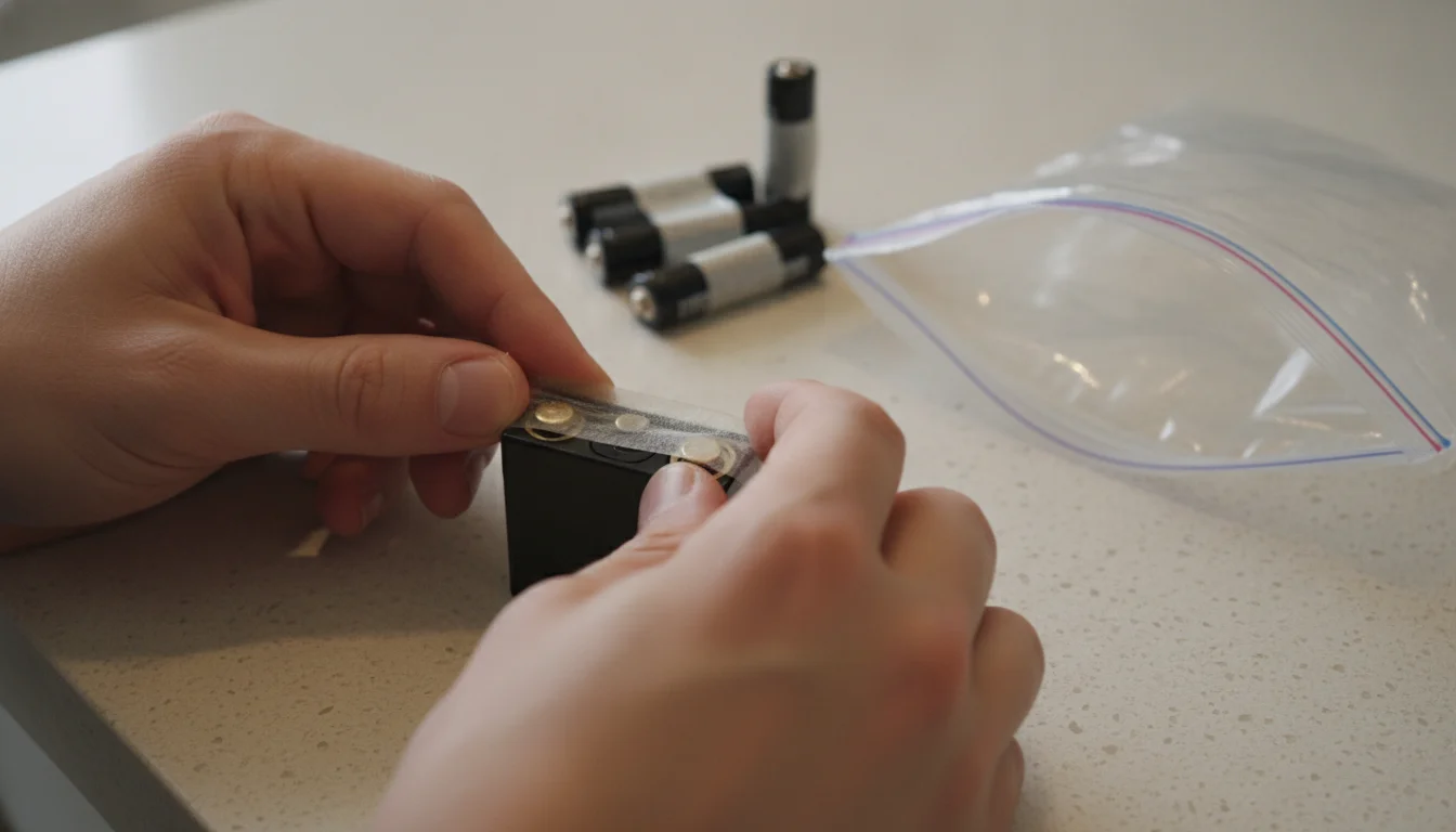 Hands taping over the terminals of a 9V battery next to taped AA cells and a clear bag