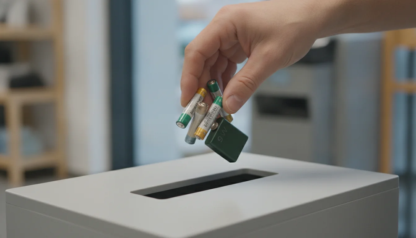 A hand dropping used batteries into a collection bin at a recycling drop-off point