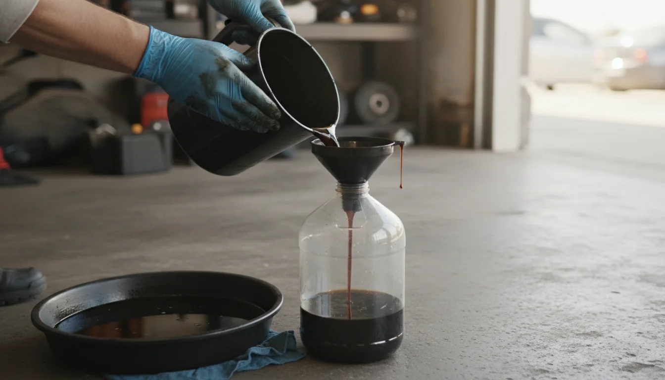 Gloved hands funneling used motor oil into a sealable jug