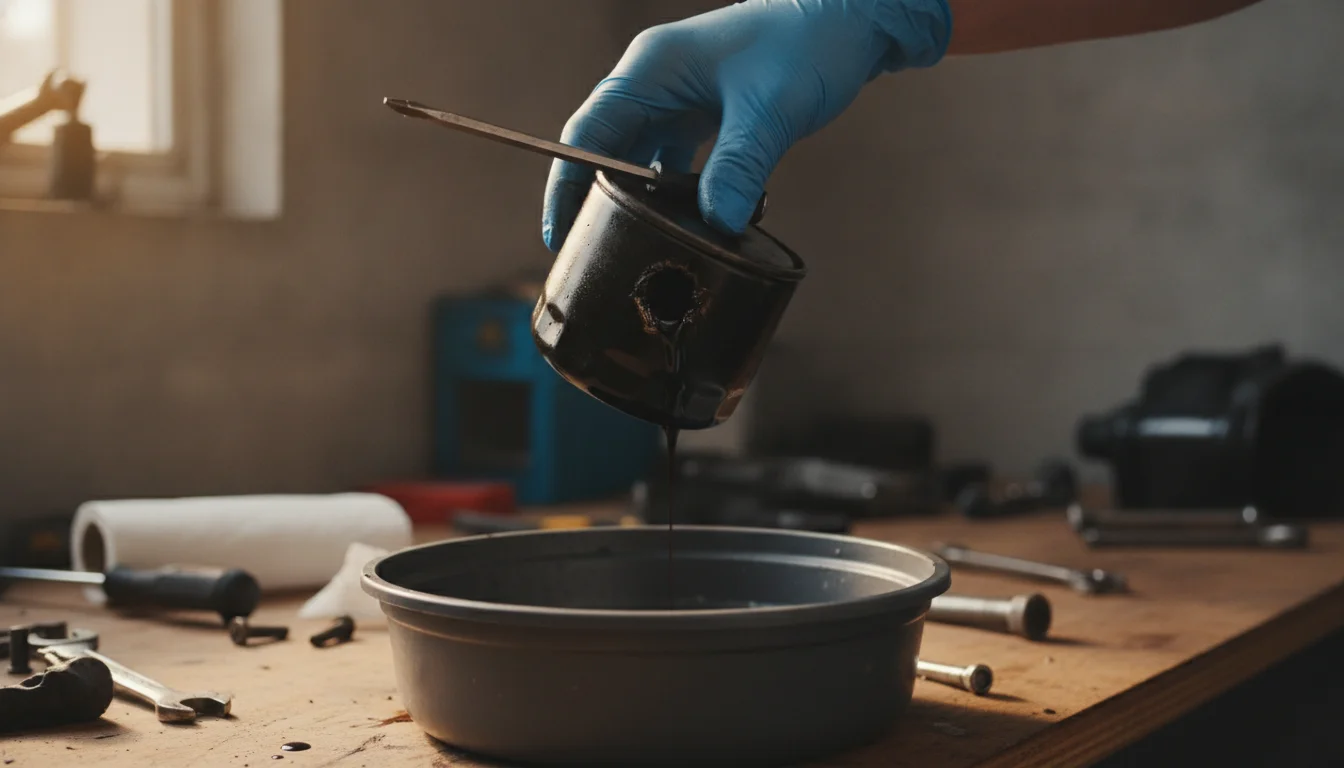 A gloved hand draining a punctured used oil filter over a container
