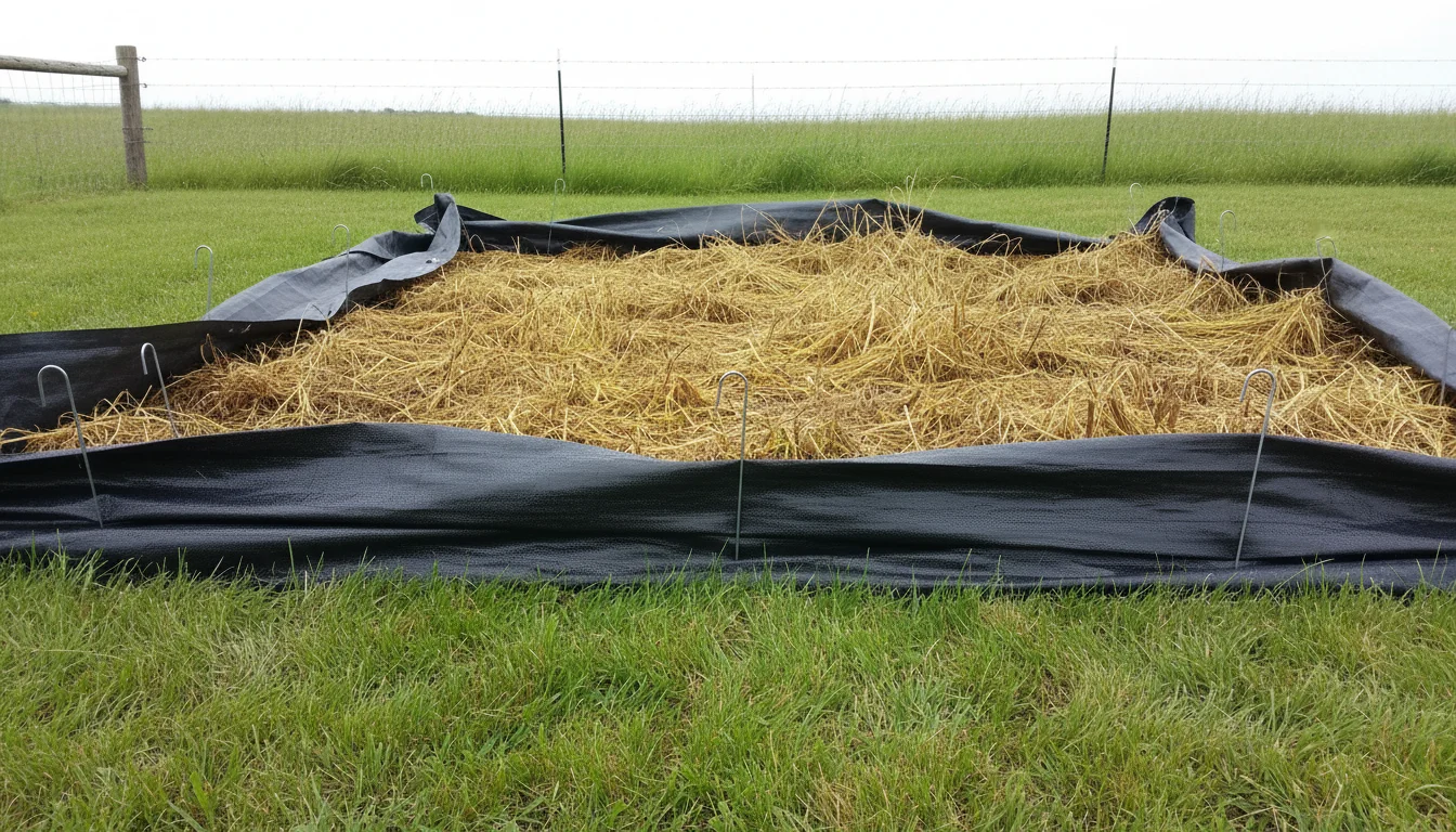 Black landscape tarp staked over a large area of weeds to smother them