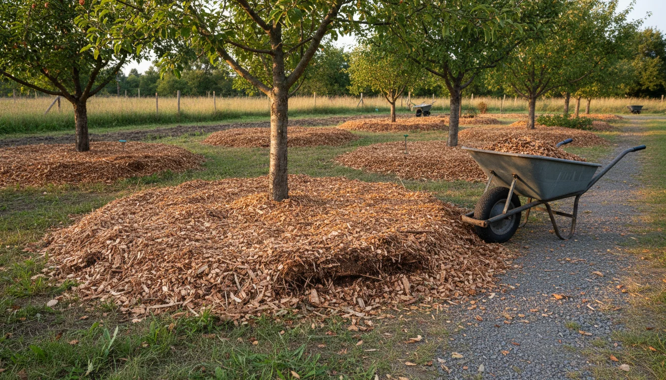Thick layer of wood chip mulch spread around fruit trees to suppress weed growth