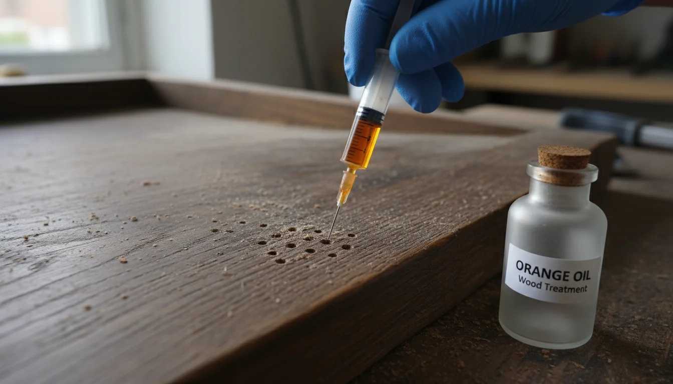 Person injecting orange oil into a drill hole in termite-infested wooden furniture