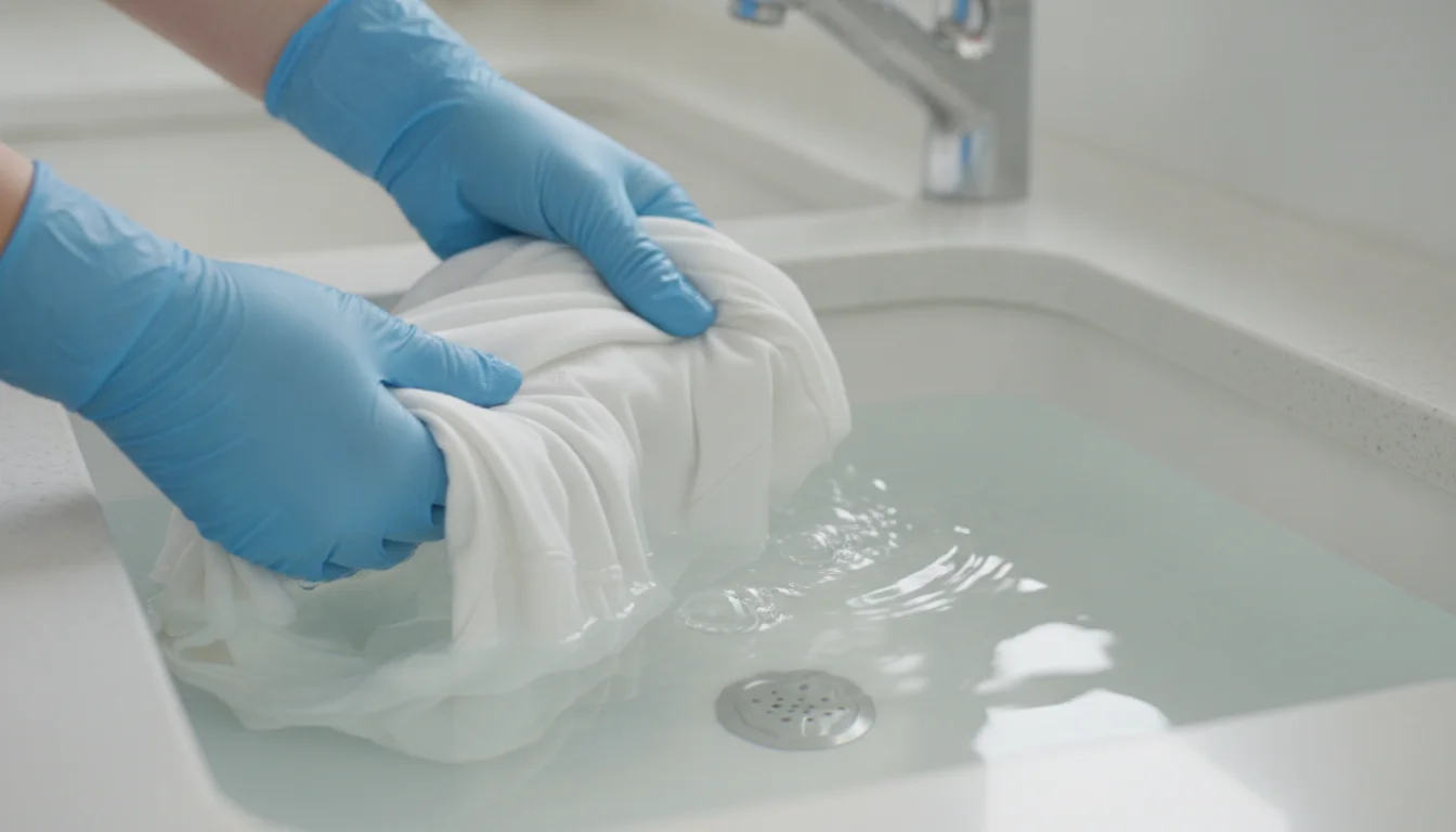 Gloved hands soaking a white cotton garment in a basin of clear solution
