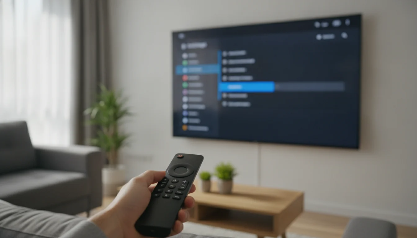 Pointing a remote at a smart TV settings menu to switch off the home screen ads