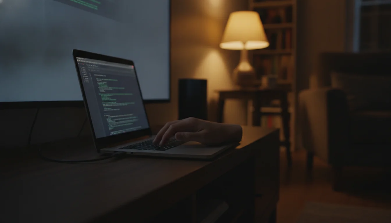 A laptop connected to an Android TV by USB to disable ad packages over ADB