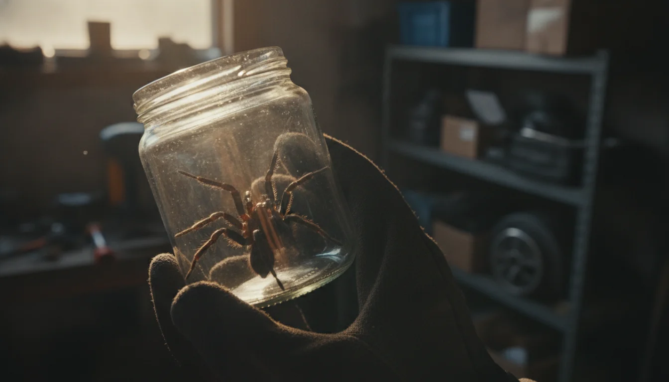 Gloved hands examining a trapped spider in a clear jar to identify it