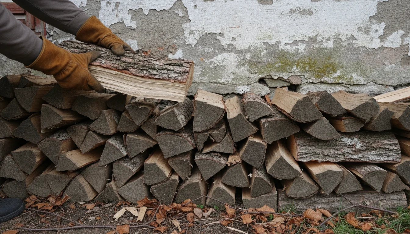 Gloved hands clearing a woodpile stacked against a house wall