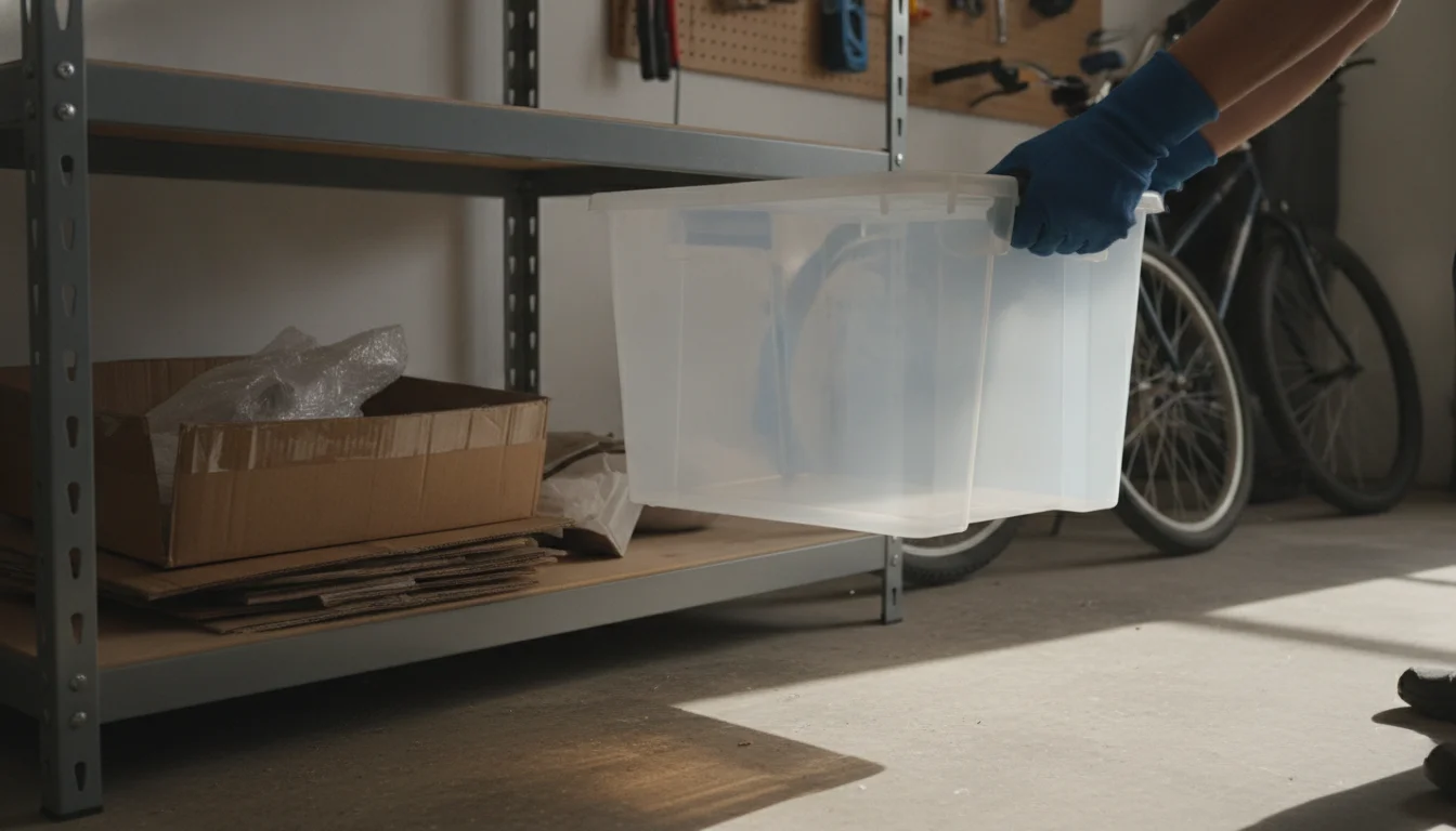 Gloved hands replacing cardboard with a sealed plastic storage bin in a garage