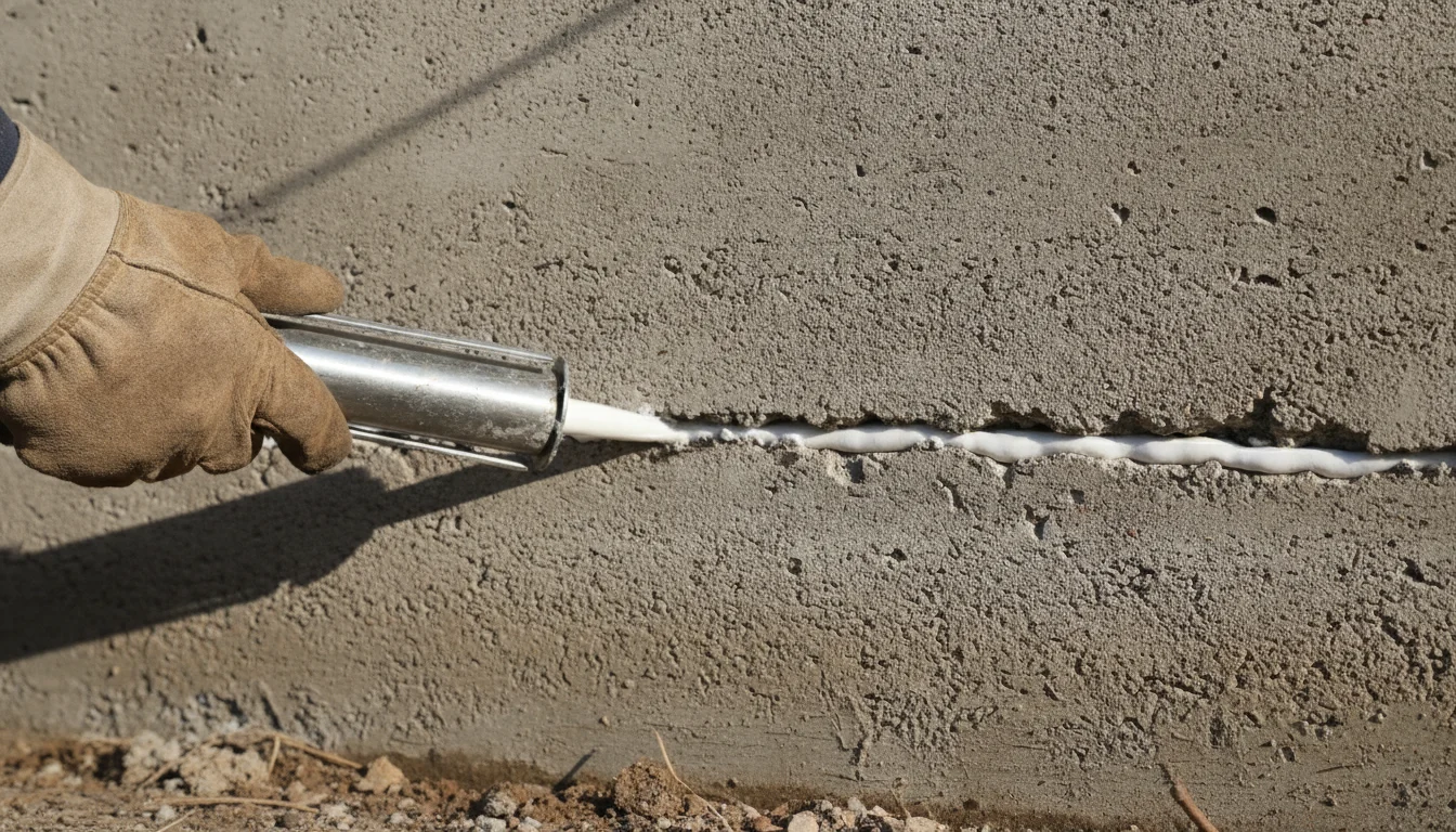 Gloved hand sealing a foundation crack with a caulk gun