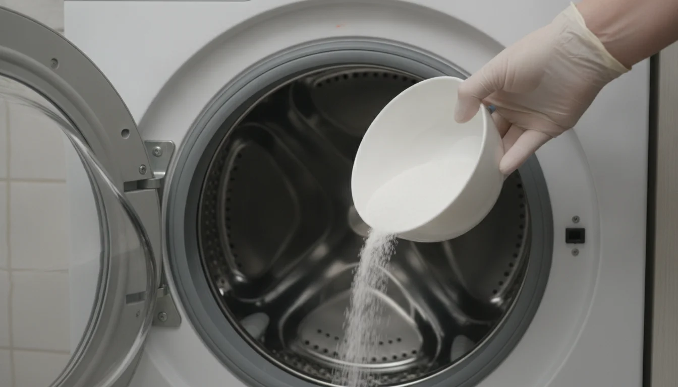 Pouring citric acid crystals into an empty washing machine drum before a hot cleaning cycle