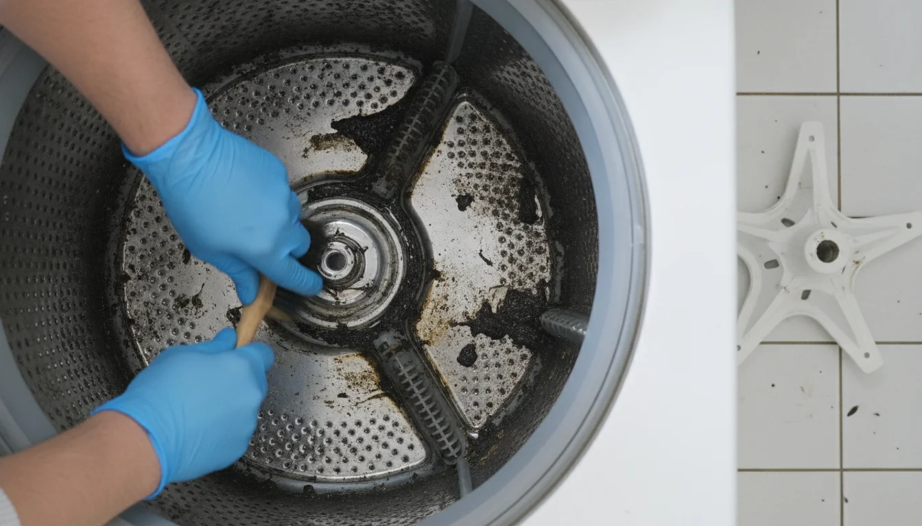 Scrubbing buildup from under the removed agitator of a top-loading washing machine