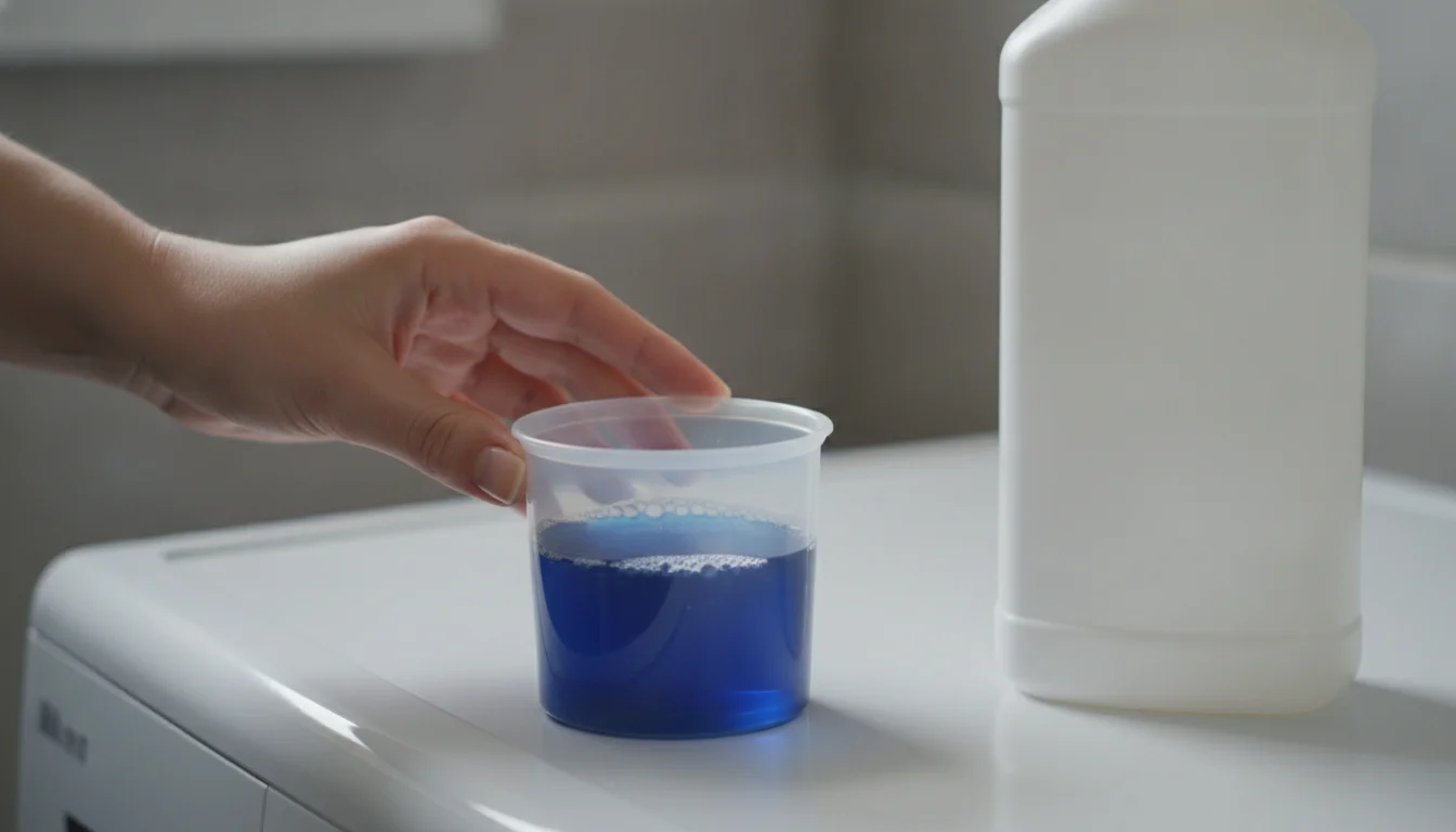 A small measured dose of liquid detergent in the dosing cap