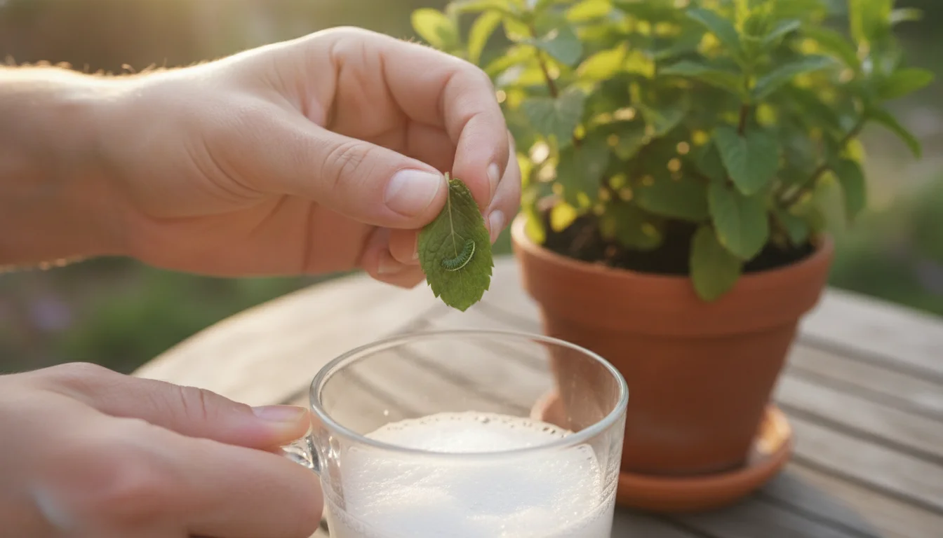 turning a mint leaf over to pick a caterpillar off the underside