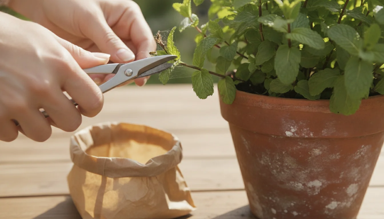 cutting a webbed shoot tip off a potted mint plant