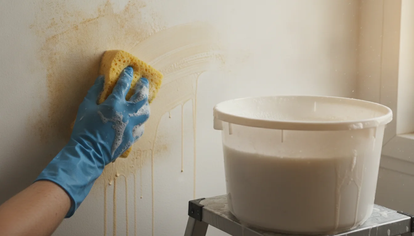 Gloved hands washing a smoke-stained wall near the ceiling with a sponge and bucket