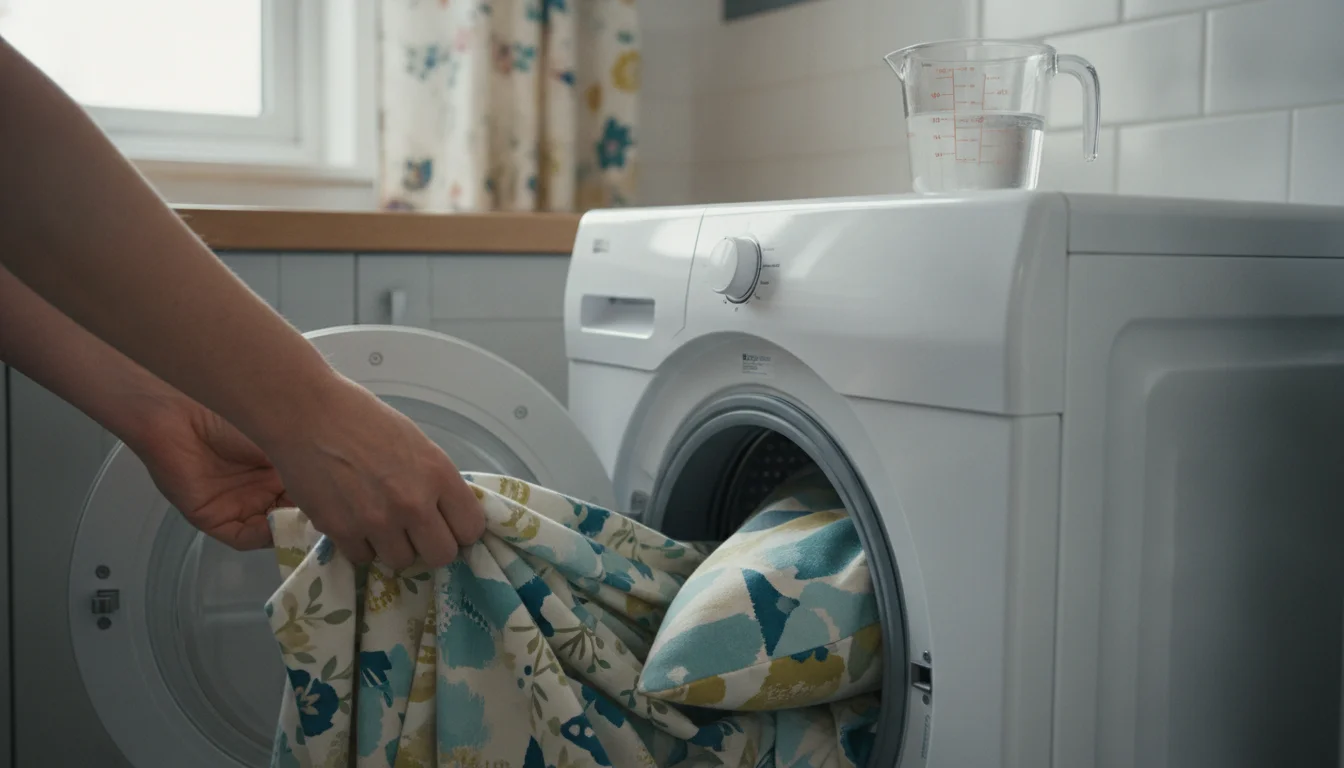 Hands loading curtains and cushion covers into a washing machine next to a cup of white vinegar