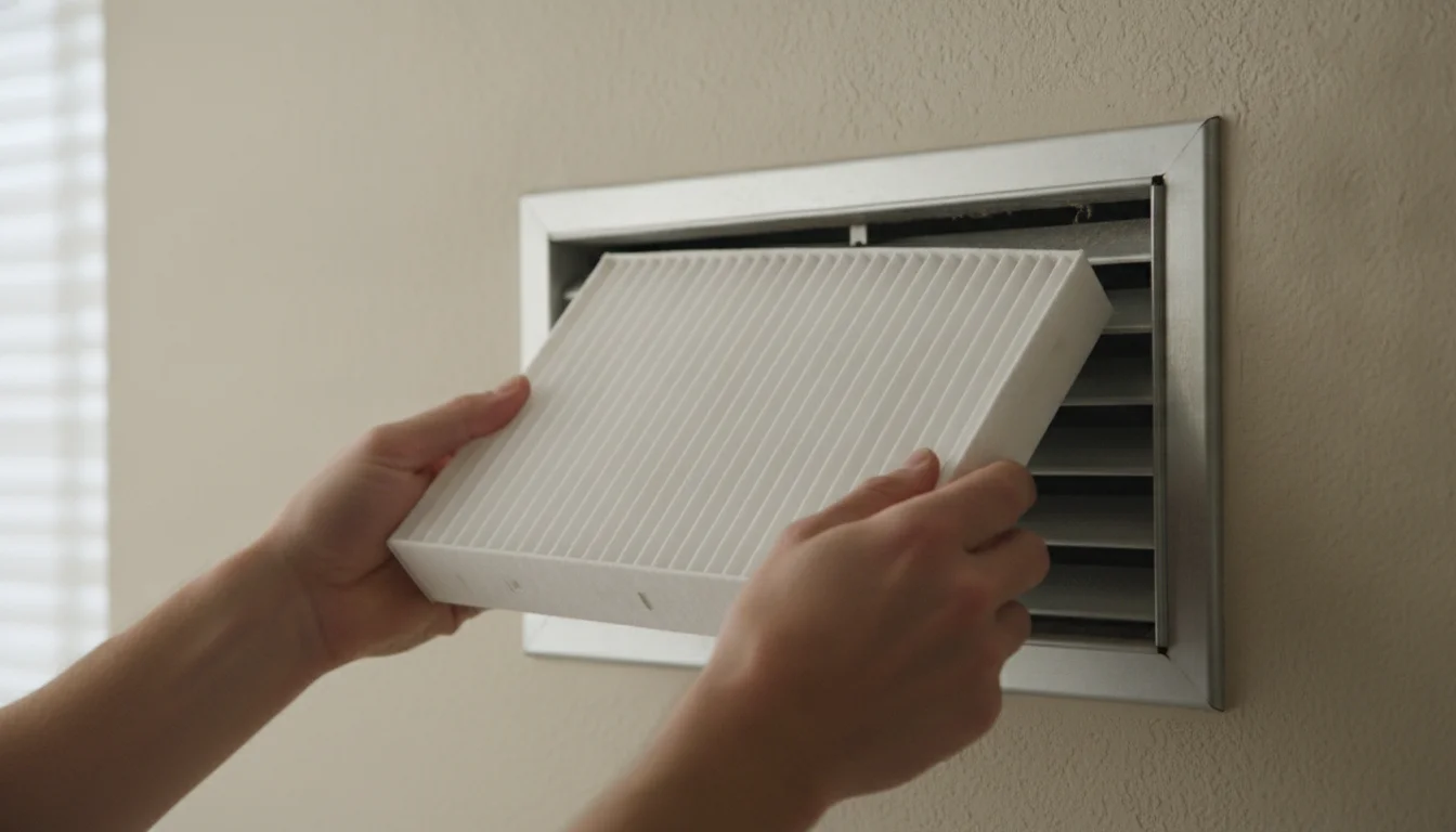 Hands sliding a clean pleated air filter into a home return-air vent