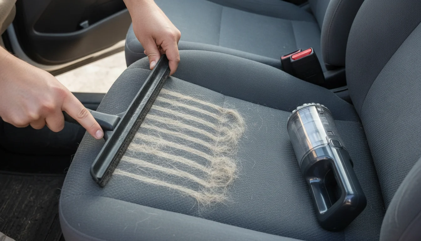 Hands pulling a squeegee across a cloth car seat to roll dog hair into lines before vacuuming