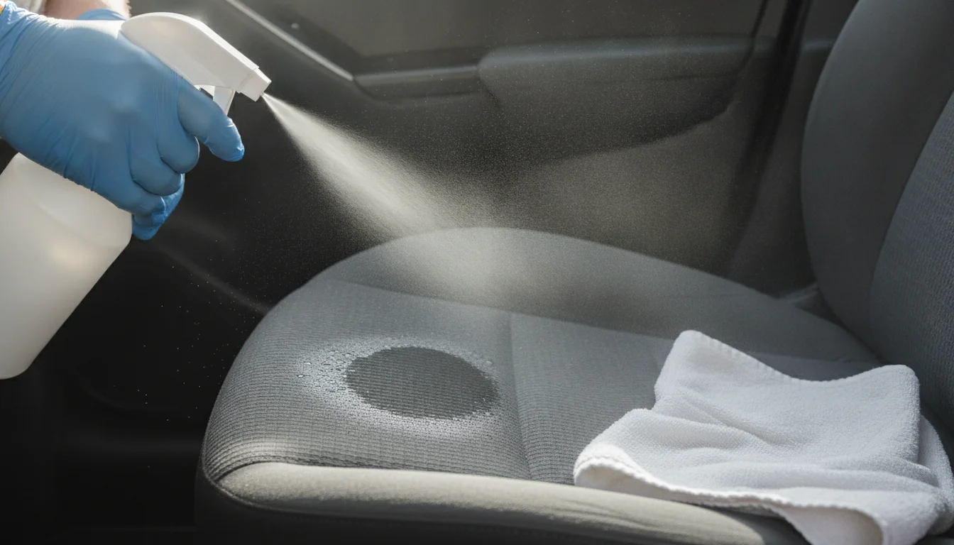 Gloved hands spraying enzyme cleaner on a spot on a cloth car seat