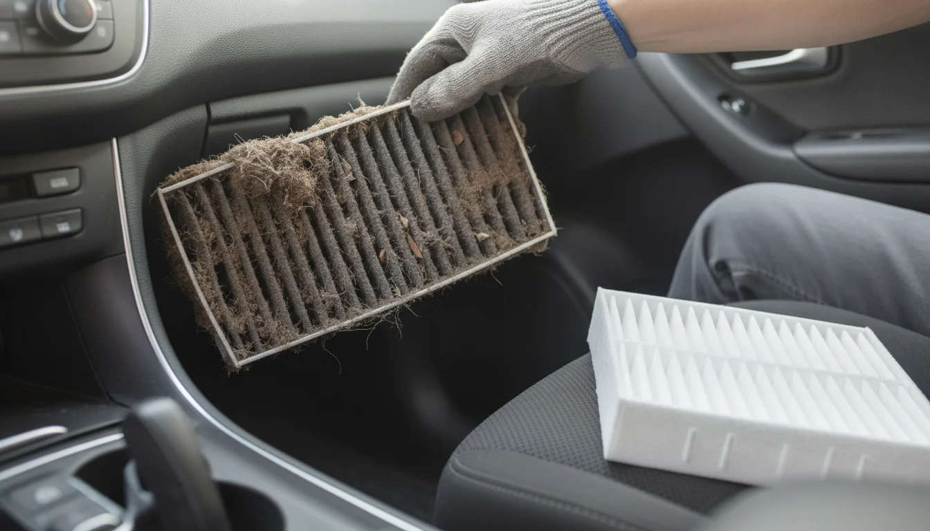 Hands pulling a cabin air filter clogged with dog hair out from behind a car glovebox