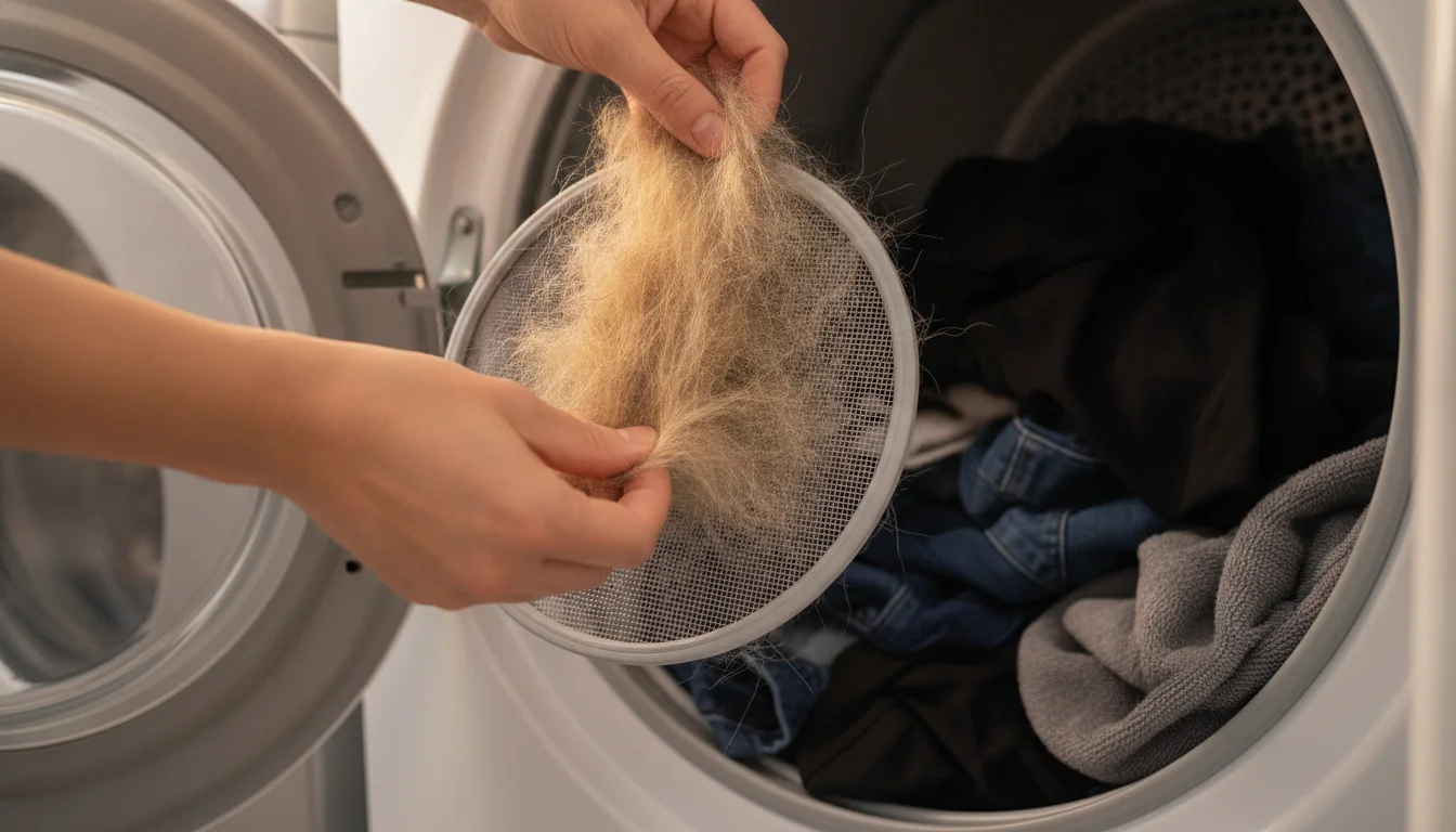 Hands pulling dog hair off a dryer lint trap after tumbling clothes before washing