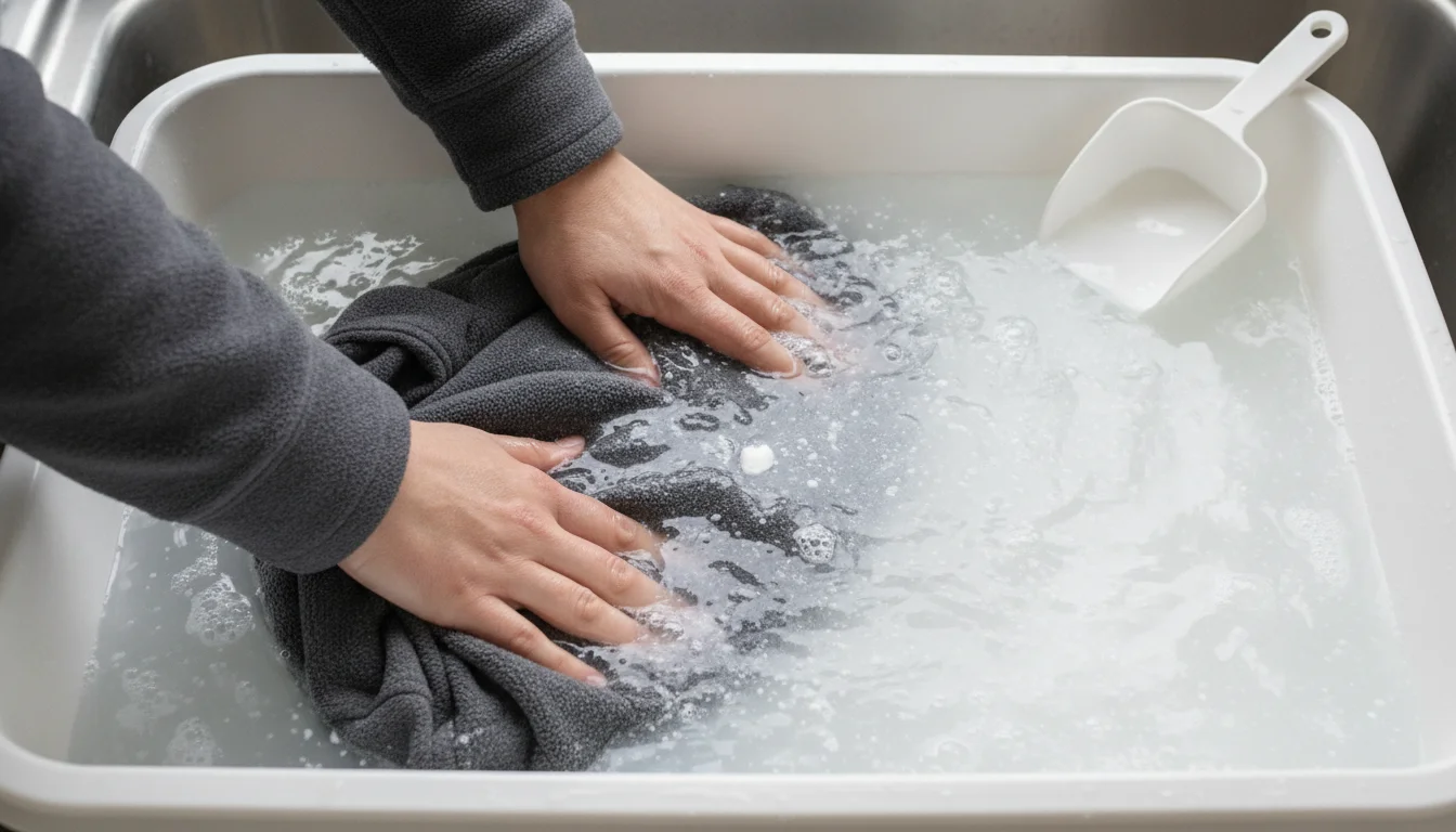 Hands pushing a fleece sweatshirt into a tub of oxygen bleach soak