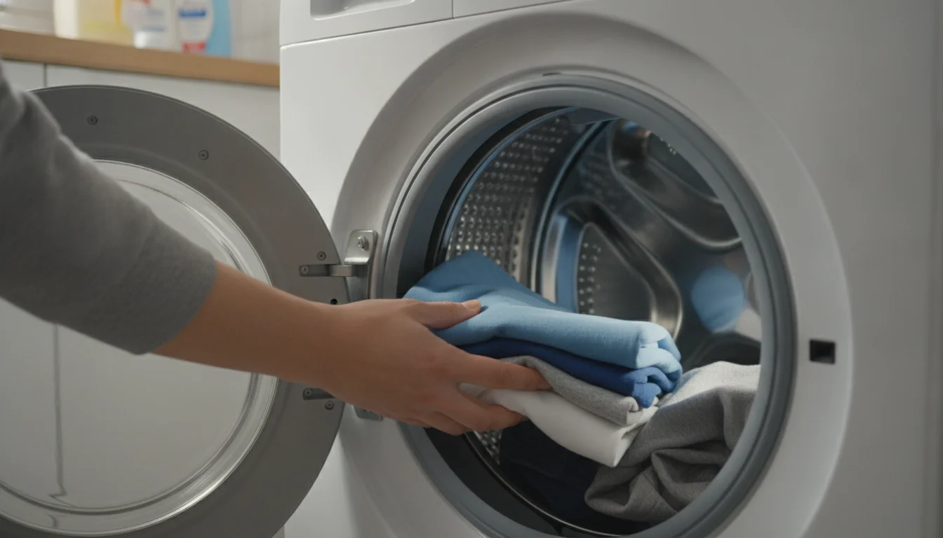 Hands loading a half-full washing machine drum with room left for the clothes to move