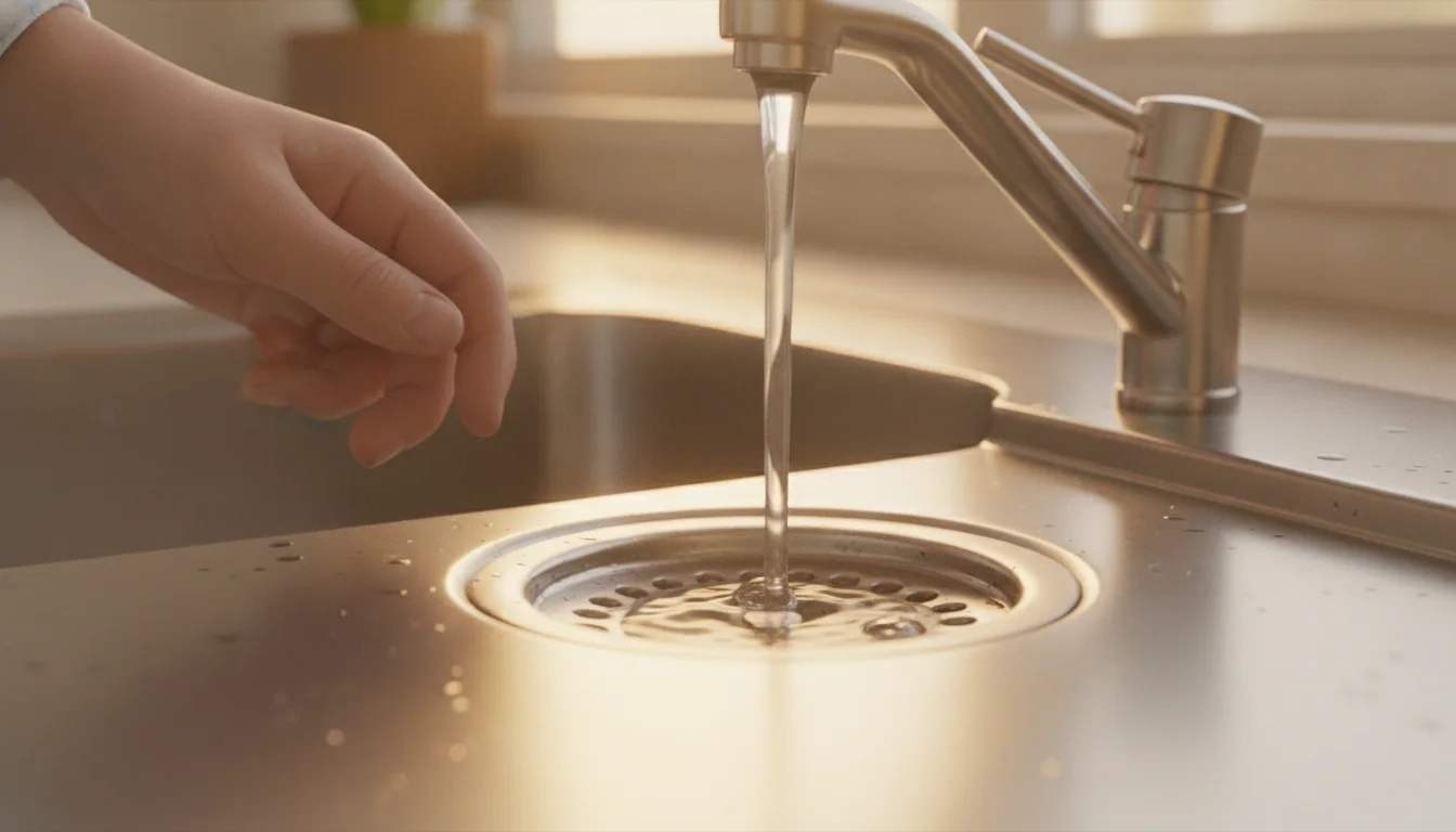 Running tap water into a sink drain to refill a dry trap