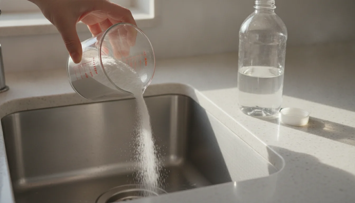 Pouring baking soda into a drain with vinegar beside the sink