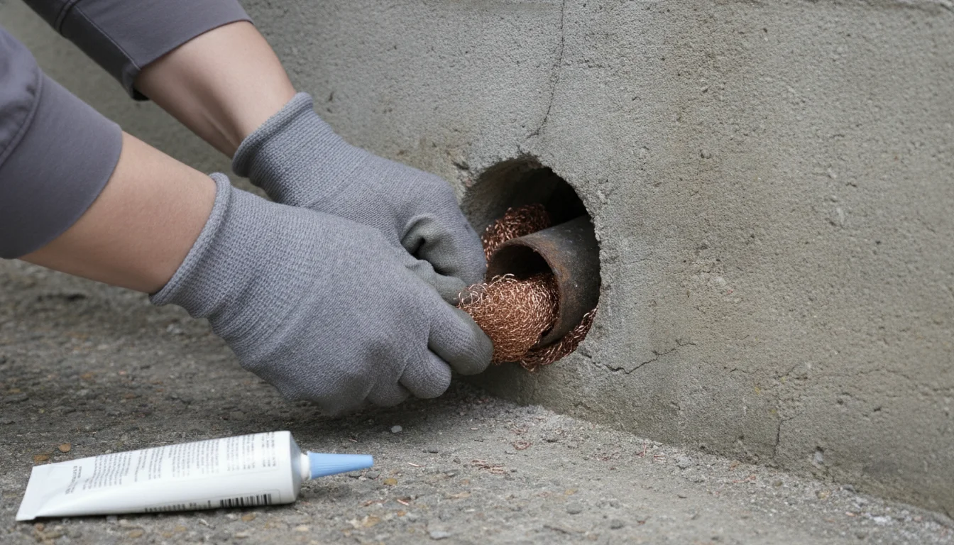 Gloved hands packing copper mesh into the gap around a pipe at a house foundation