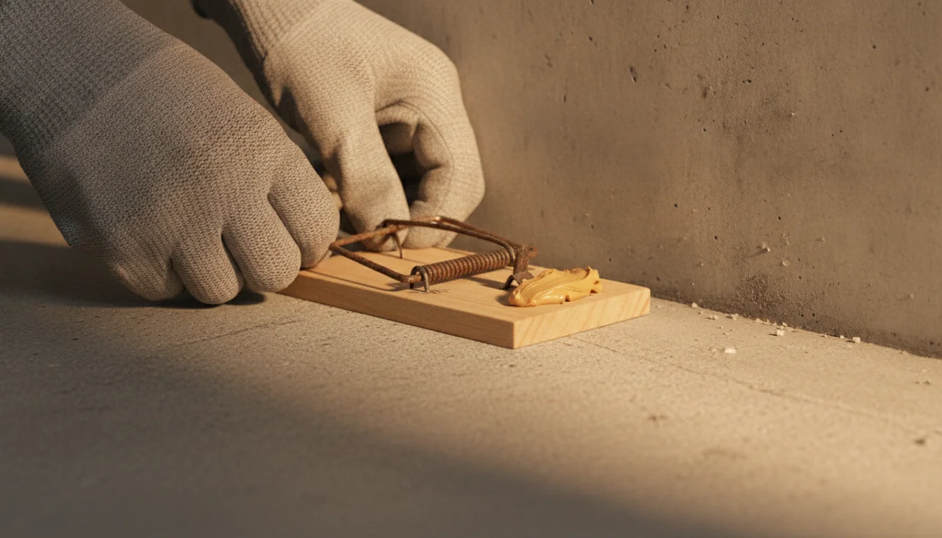 Gloved hands setting a peanut-butter-baited snap trap beside a garage wall