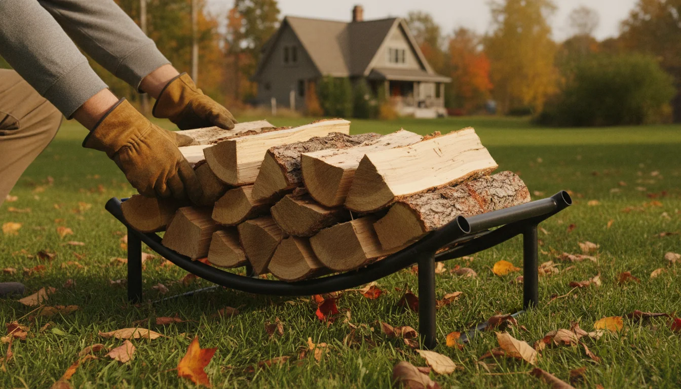 Gloved hands stacking firewood on a raised rack far from the house