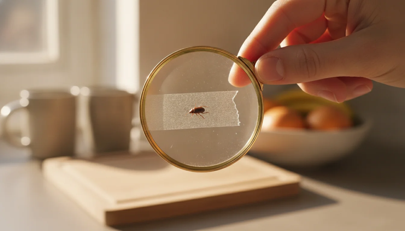 Fingers holding a beetle on clear tape under a magnifying glass to identify it