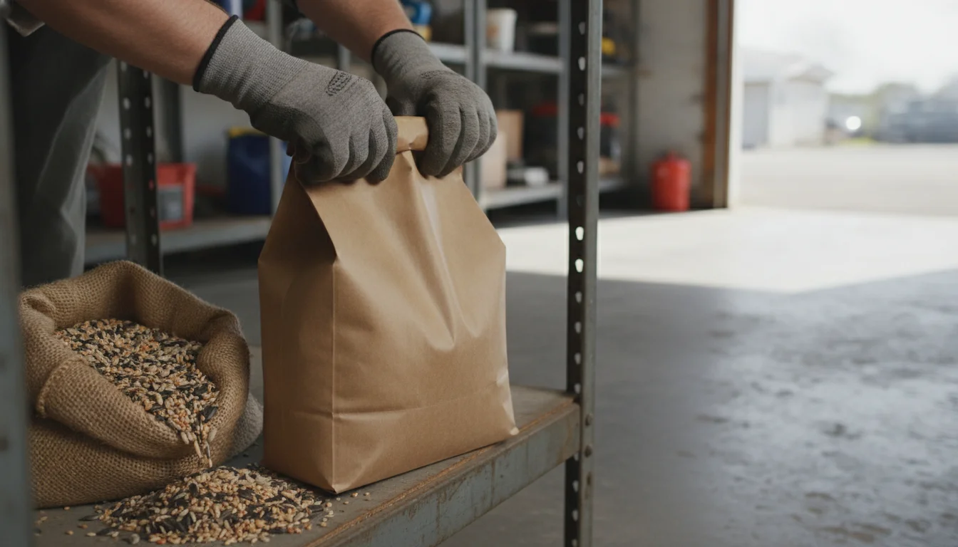 Gloved hands checking an open bag of dry pet food and birdseed in a garage for a hidden flour beetle source