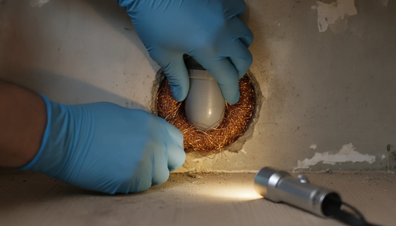 Gloved hands packing copper mesh around a drain pipe under an apartment kitchen sink