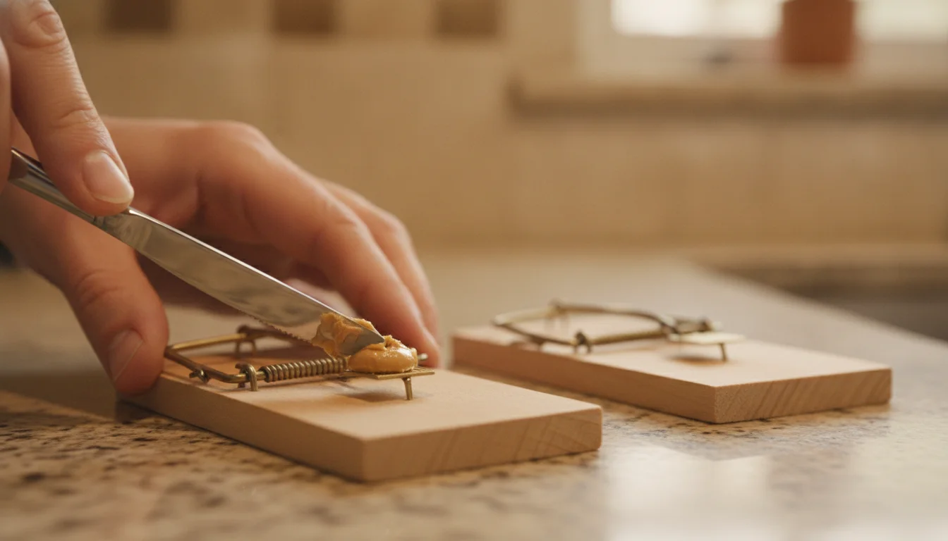 A hand pressing a dab of peanut butter onto the bait pedal of a wooden snap trap