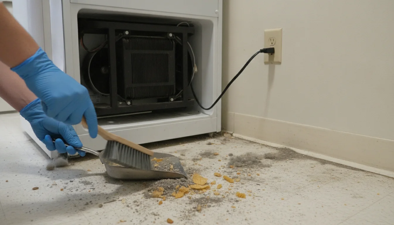 Gloved hands sweeping crumbs and dust from the floor behind a refrigerator