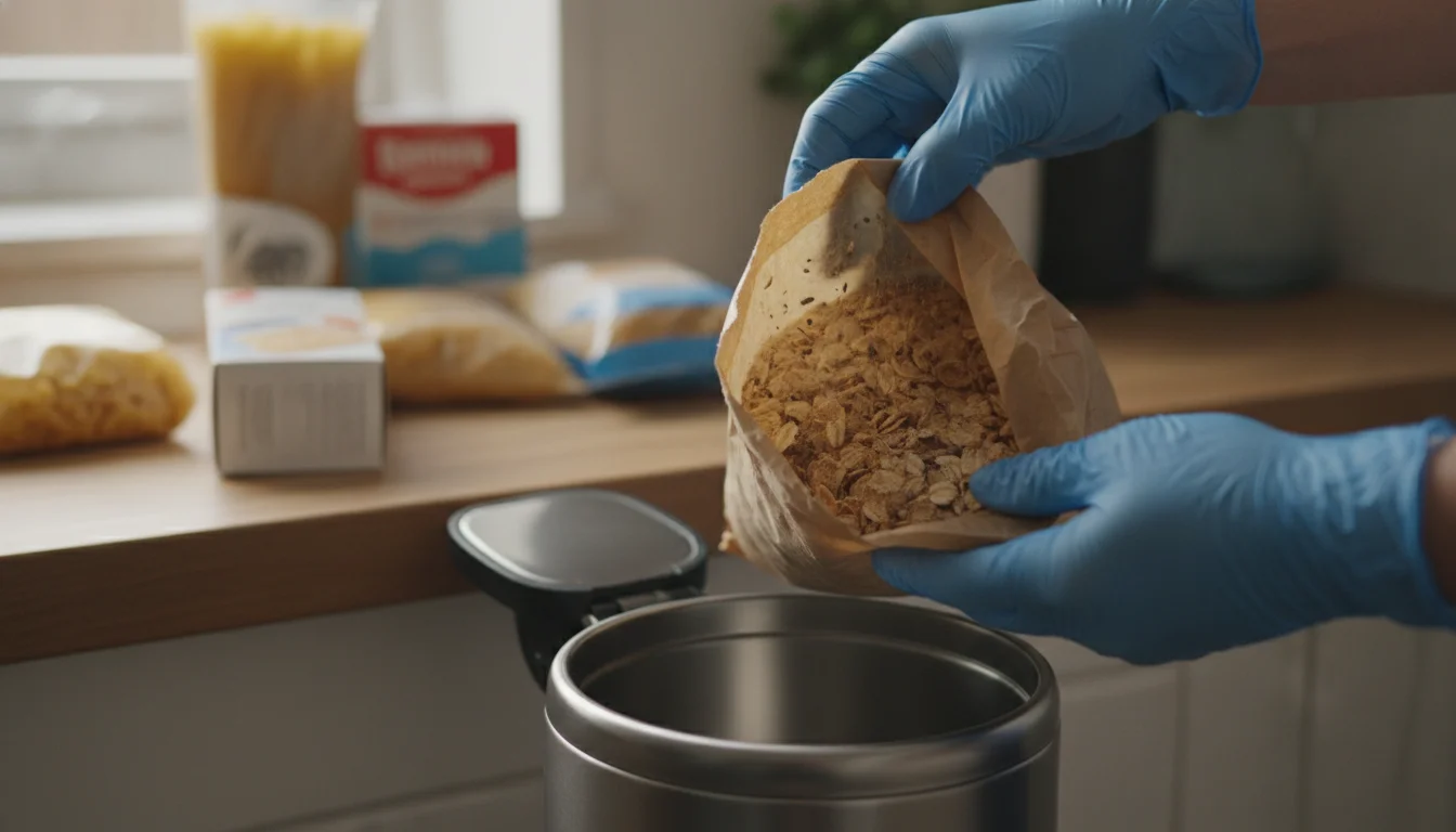 Hands inspecting and discarding an infested bag of dry food over a bin
