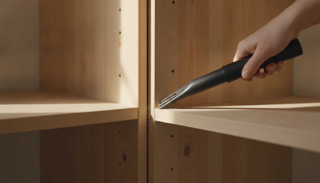 A hand vacuuming the cracks and corners of an emptied pantry shelf with a crevice tool