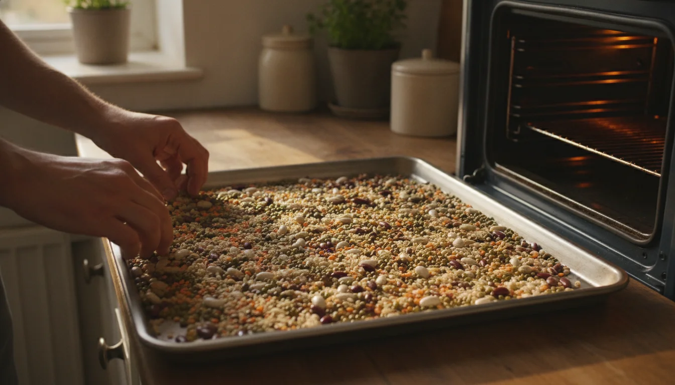Hands spreading dry goods in a thin layer on a baking tray for oven heat treatment