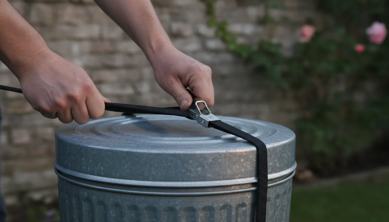 Hands strapping a metal trash can lid shut with a bungee cord and locking clip