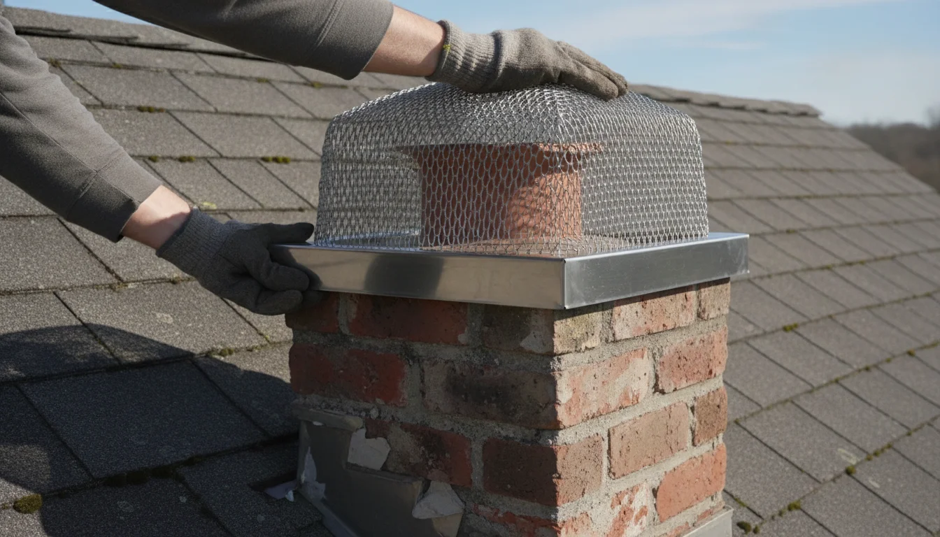 Hands installing a metal mesh chimney cap on a brick chimney