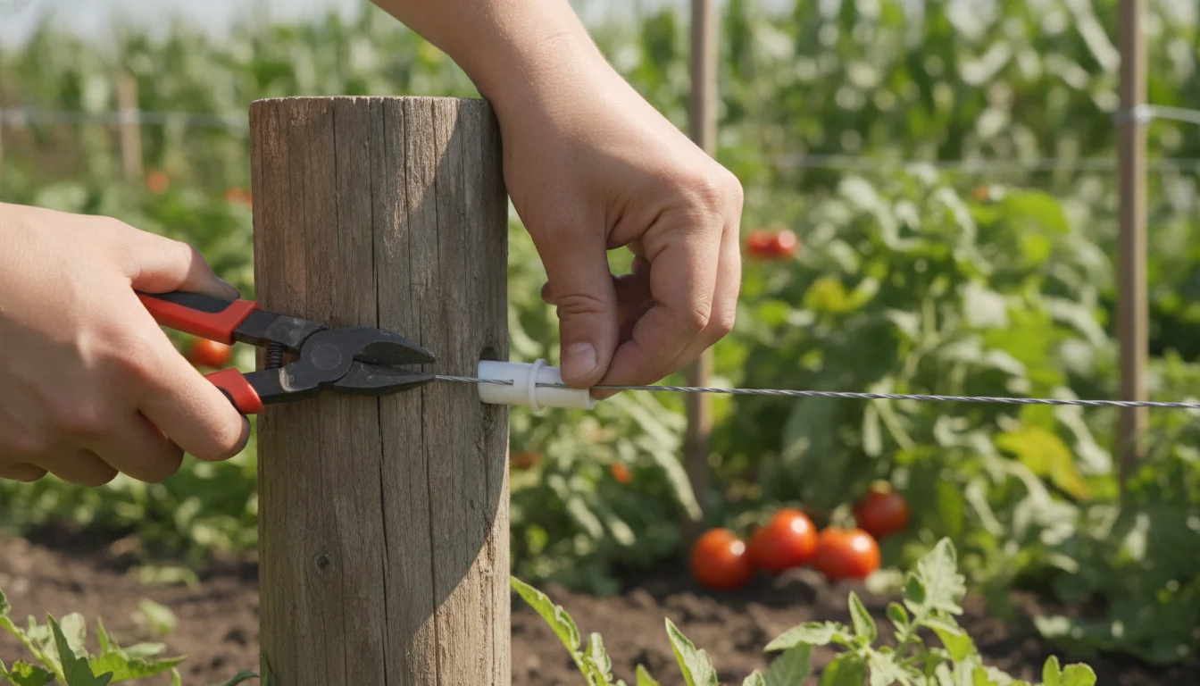 Hands attaching a low electric fence wire to an insulator on a garden fence post
